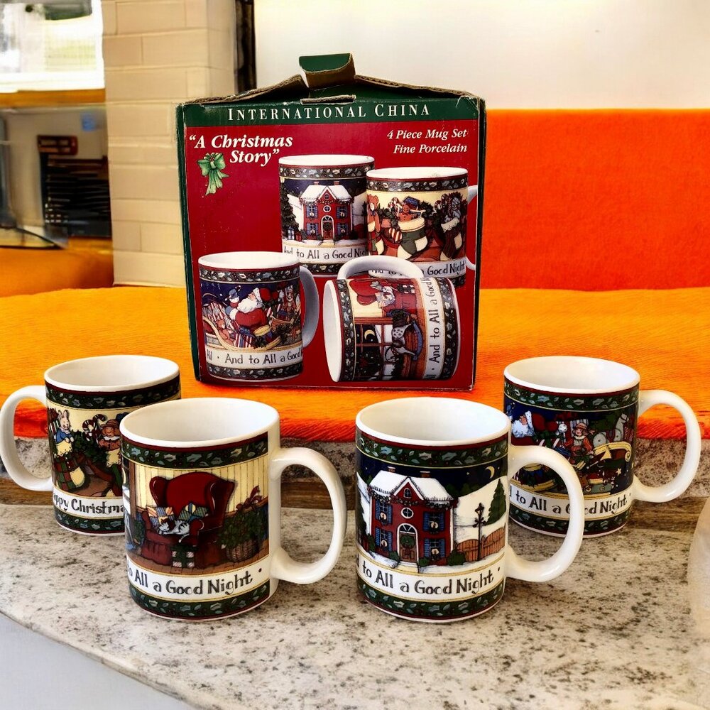 International China 4 Piece Mug Set Fine Porcelain 1996 Christmas Story
